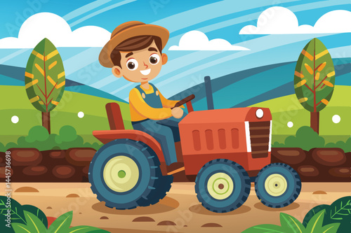 A young boy, wearing a hat and overalls, enjoys driving a red tractor down a dirt path lined with greenery and trees under a clear blue sky.