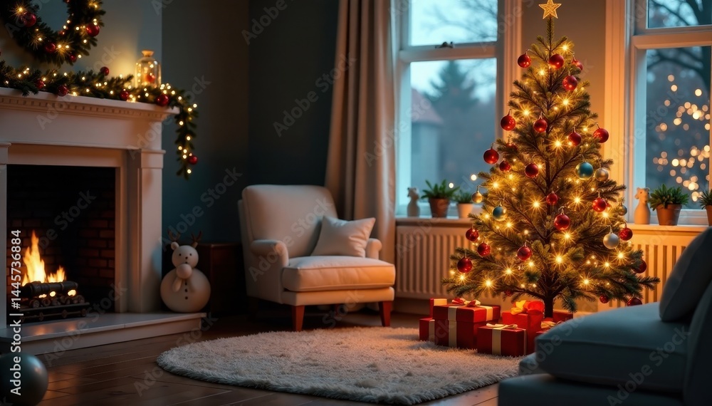 Warmly lit Christmas tree stands alone amidst soft furnishings, holiday ambiance, twinkling lights Warmly lit Christmas tree stands alone amidst soft furnishings, holiday ambiance, twinkling lights