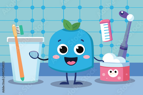 A friendly blue character with a smiling face is surrounded by a toothbrush, toothpaste, and a cup in a colorful bathroom, encouraging children to maintain good dental habits.