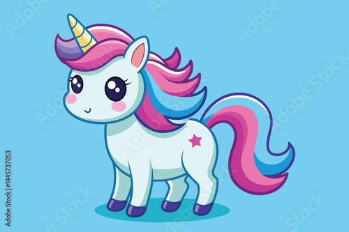 A delightful unicorn with a vibrant pink and blue mane and a golden horn stands on a cheerful blue background, perfect for childrens stories and playful designs.