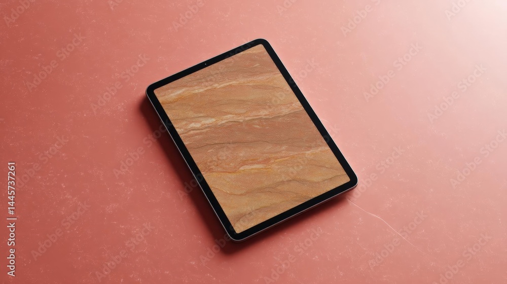 Fototapeta premium Black tablet lying on a pink surface. the tablet has a rectangular shape with a thin black border.