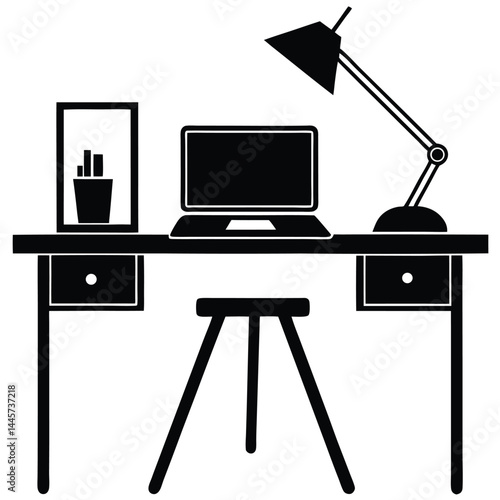 Isolated Black Vector writer using elements desk setup With White Background