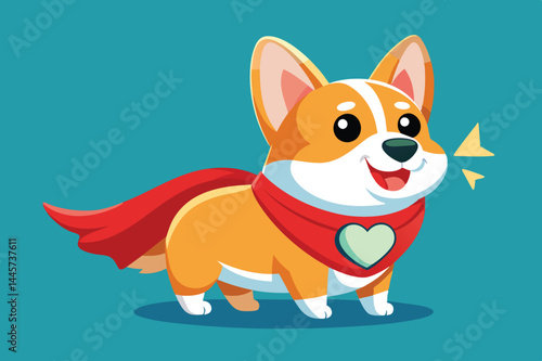 A playful corgi showcases its vibrant personality with a red cape and heart necklace, exuding happiness against a lively teal backdrop.