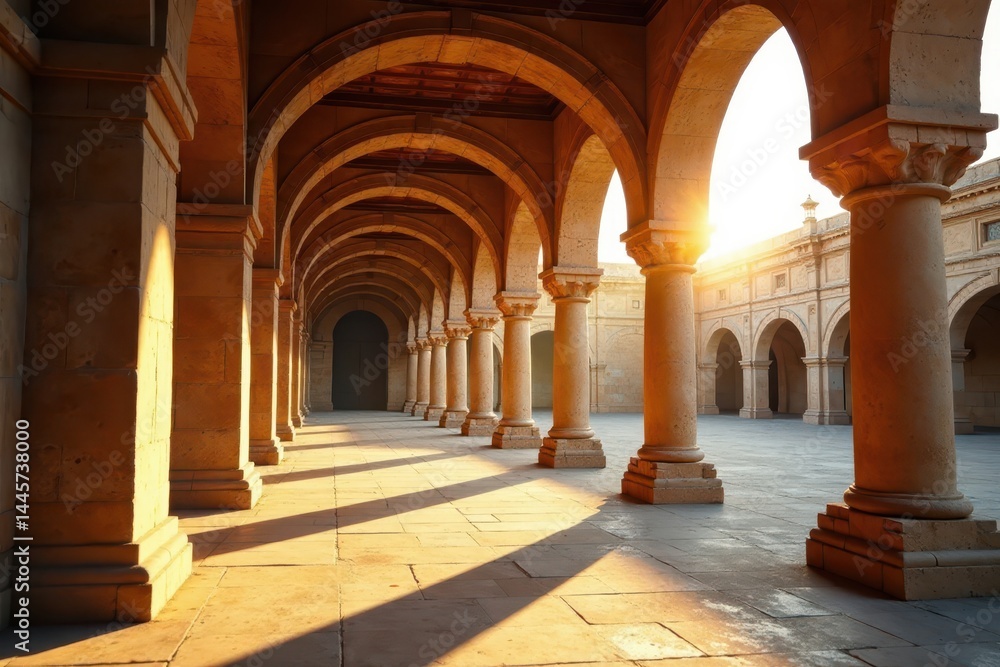 Fototapeta premium Warm sunlight filters through intricate arches of ancient colonnade , arched colonnade, natural light