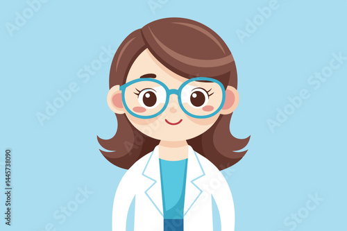 A young female scientist, wearing a white lab coat and stylish blue glasses, smiles warmly against a soothing light blue backdrop, embodying a passion for research and knowledge-sharing.
