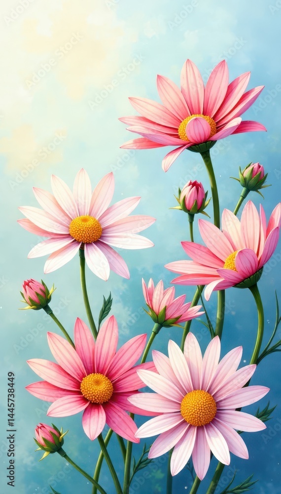 Watercolor daisies with delicate petals and yellow centers , spring, flower Watercolor daisies with delicate petals and yellow centers , spring, flower