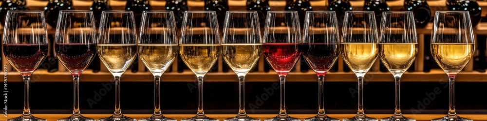 Elegant and sophisticated row of wine glasses with vibrant colors in a blurred wine cellar setting Elegant and sophisticated row of wine glasses with vibrant colors in a blurred wine cellar setting