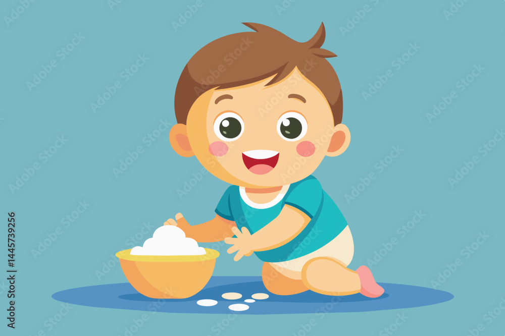 A cheerful toddler is playing with flour and making a fun mess while sitting on a blue mat in a bright, vibrant kitchen. A cheerful toddler is playing with flour and making a fun mess while sitting on a blue mat in a bright, vibrant kitchen.