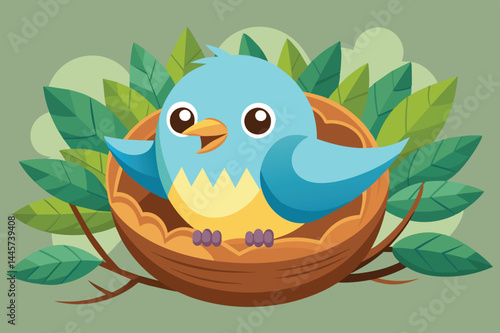 A bright blue bird with a yellow chest sits happily in a nest made of twigs, framed by lush green leaves in a joyful depiction of natures beauty.