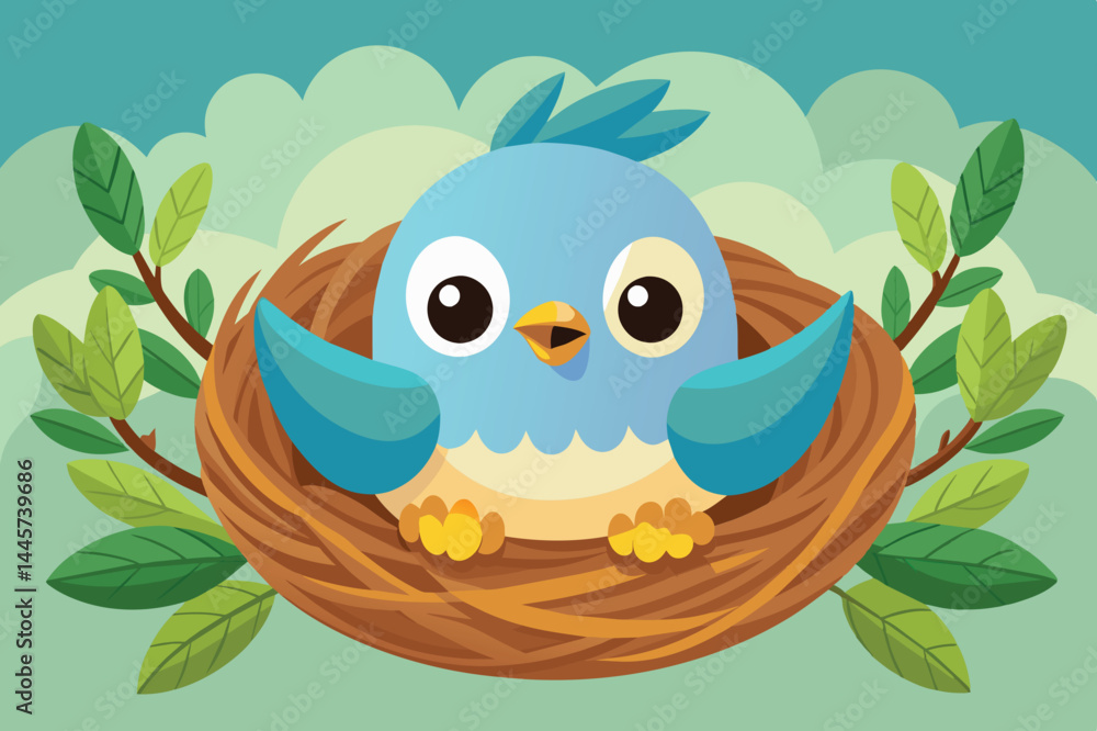 A cheerful blue bird rests comfortably in a nest made of twigs, flapping its wings with vibrant green leaves providing a lively backdrop in the artwork. A cheerful blue bird rests comfortably in a nest made of twigs, flapping its wings with vibrant green leaves providing a lively backdrop in the artwork.