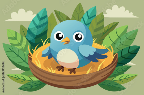 A cheerful blue bird is perched in its nest, resting on a bed of straw while vibrant green leaves and soft clouds create a peaceful atmosphere.