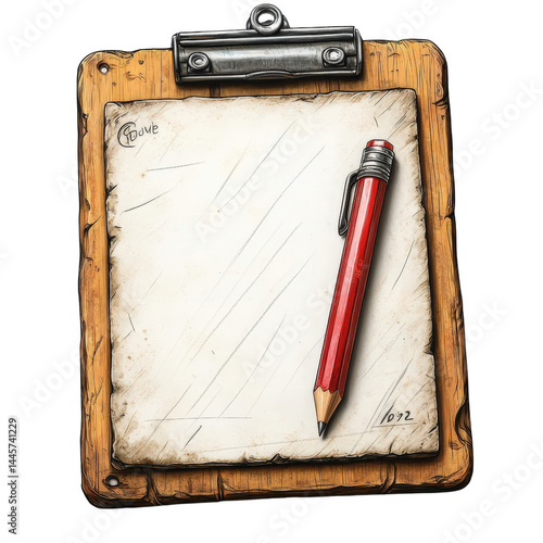 Documented Ideas: A vintage wooden clipboard and a red pencil await on a piece of parchment paper, ready to capture inspirations, thoughts, and records, perfect for journaling, note-taking.