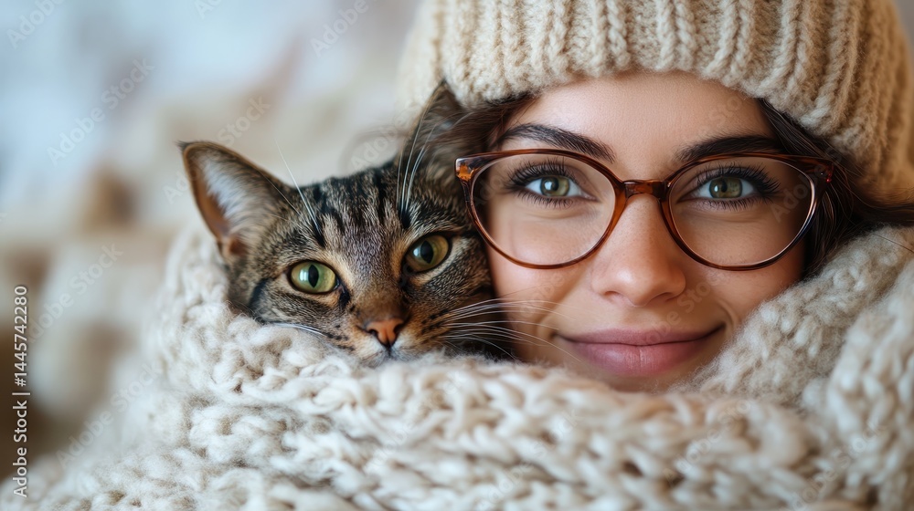 custom made wallpaper toronto digitalA cozy woman wraps herself in a thick scarf while holding her beloved cat, creating a warm and loving atmosphere that evokes feelings of comfort and companionship during winter.