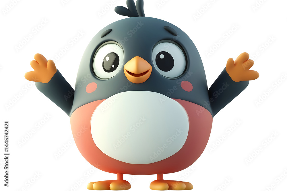 Obraz premium cute cartoon penguin character standing happy with raised hands illustration isolated png transparent cutout