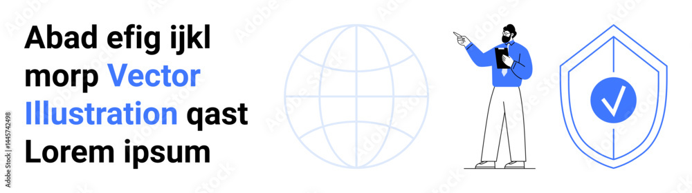 Person pointing at clipboard near globe, shield with checkmark, and bold text. Ideal for education, cybersecurity, analytics, data protection, global communication, fintech simple landing page Person pointing at clipboard near globe, shield with checkmark, and bold text. Ideal for education, cybersecurity, analytics, data protection, global communication, fintech simple landing page