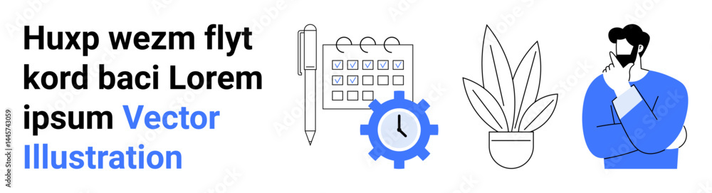 Fototapeta premium Blue and black design of a calendar, pen, clock gear, plant, and thoughtful person. Ideal for organization, planning, strategy, productivity time management business growth flat landing page