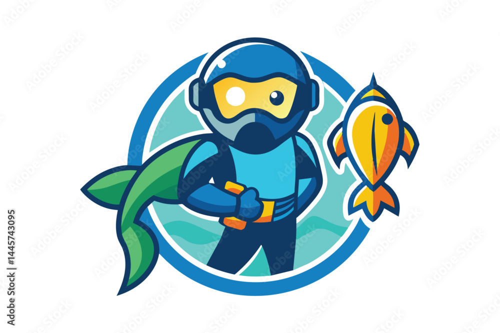 Naklejka premium A person dressed in scuba diving gear gives a thumbs up while surrounded by water, accompanied by a colorful fish, highlighting underwater exploration and marine adventure.
