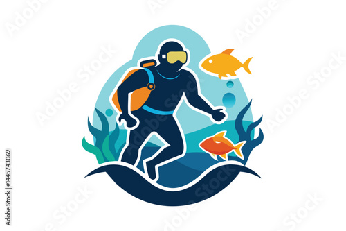 A diver equipped with scuba gear navigates through colorful coral reefs, interacting with tropical fish in bright, clear waters under the sun.