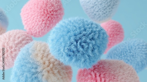 Soft and fluffy pink, blue, white pompoms, textured visual delight fluffy