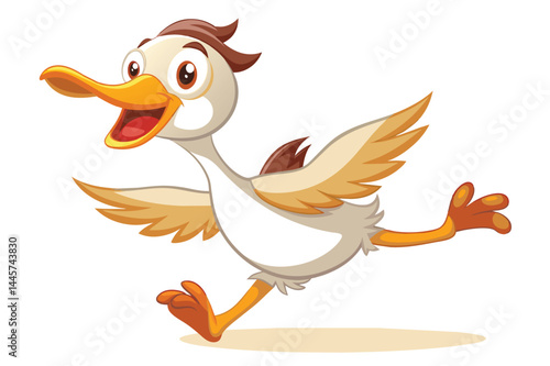 A cartoon duck is happily running with its wings spread wide, showcasing a playful demeanor under bright, cheerful lighting.
