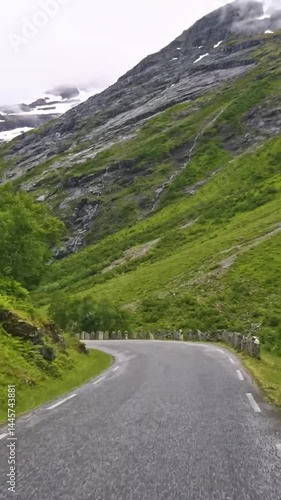 Vertical view of Norway road from car