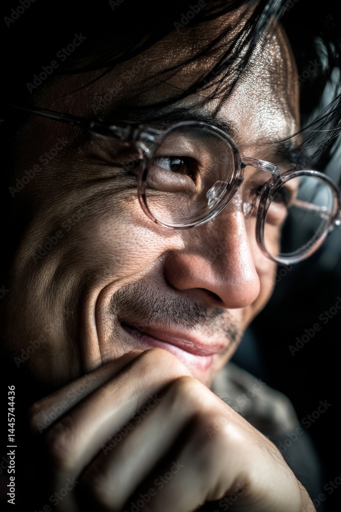 A contemplative Asian man with glasses, smiling softly, captured in a close-up portrait. A contemplative Asian man with glasses, smiling softly, captured in a close-up portrait.