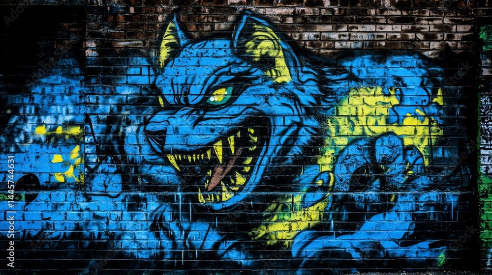 Obraz premium Graffiti of a menacing, stylized animal on a brick wall