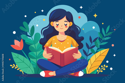 A young girl enjoys her time reading a book, sitting cross-legged among vibrant greenery and colorful flowers in a peaceful garden setting.