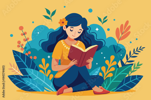 In a bright and colorful environment, a young woman with long hair sits cross-legged, reading a book while surrounded by lush greenery and flowers.