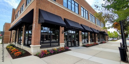 Modern commercial brick buildings with large windows, colorful flowers lining the sidewalk, and sunny blue sky ambiance