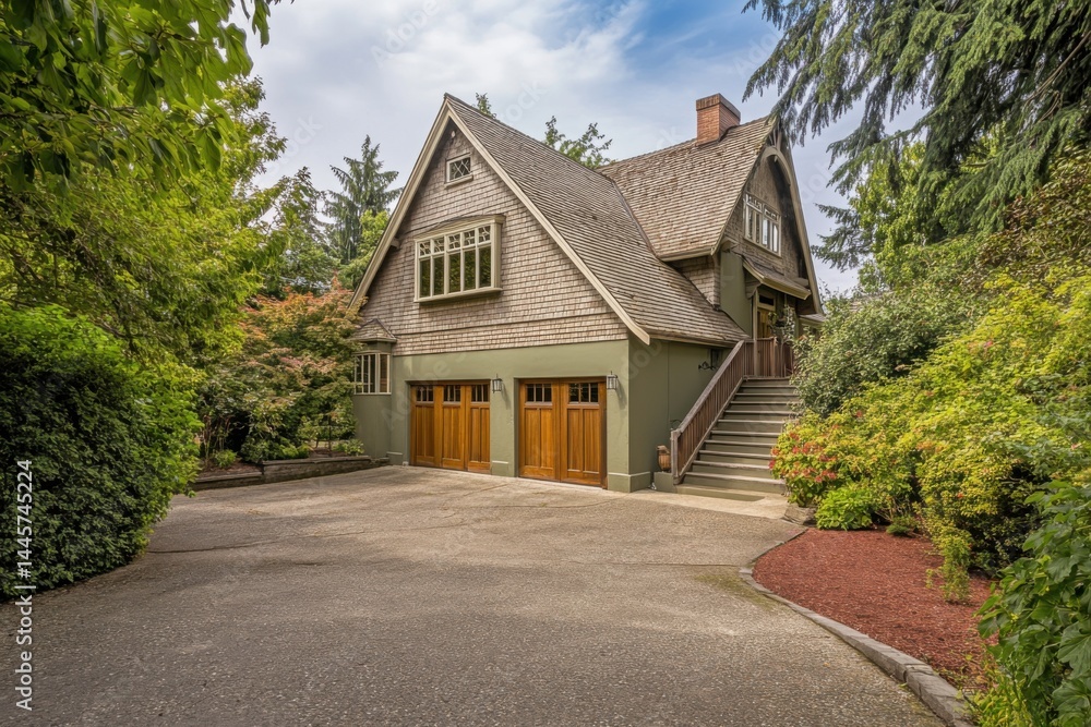 Discover a charming two-story home featuring a steep roofline and a beautifully landscaped garden, nestled in a tranquil neighborhood embraced by lush trees Discover a charming two-story home featuring a steep roofline and a beautifully landscaped garden, nestled in a tranquil neighborhood embraced by lush trees