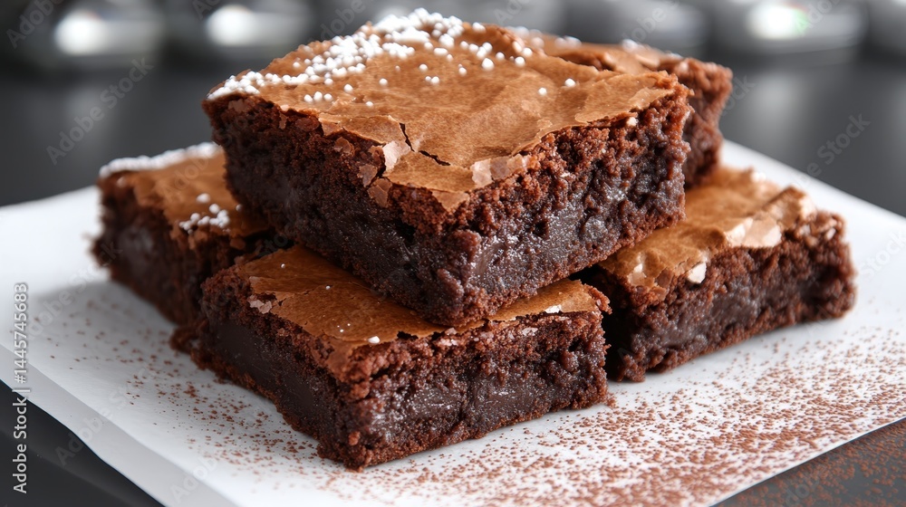 A tempting stack of chocolate brownies, perfectly baked, adorned with a dusting of sugar on top, showcasing rich textures and deep cocoa color appealing to dessert lovers. A tempting stack of chocolate brownies, perfectly baked, adorned with a dusting of sugar on top, showcasing rich textures and deep cocoa color appealing to dessert lovers.