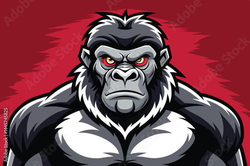 A bold gorilla graphic features sharp lines and vibrant colors, highlighting its muscular build and fierce expression against a striking red backdrop.