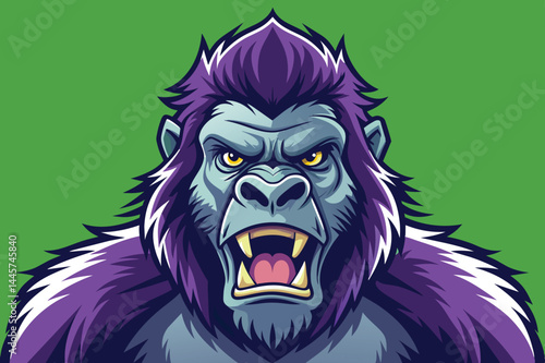 A powerful gorilla roars fiercely, displaying its vibrant purple fur and intense gaze against a bright green backdrop, emphasizing strength and dominance.