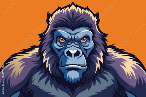This depiction features a bold and colorful representation of a gorilla with intense eyes and a strong demeanor, emphasizing its muscular build and commanding presence.