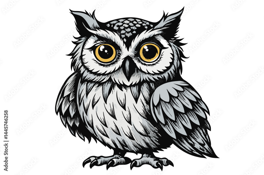 Fototapeta premium This illustration features an owl with striking yellow eyes and detailed feathers, sitting elegantly. The artwork captures the essence of wisdom and natures beauty.