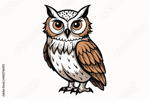 This illustration features an owl standing upright, its large eyes observing the surroundings, highlighting detailed feather textures and striking colors.