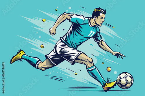 An athlete in a blue uniform aggressively dribbles a soccer ball on the field, demonstrating impressive footwork and agility amidst playful motion and vibrant colors.