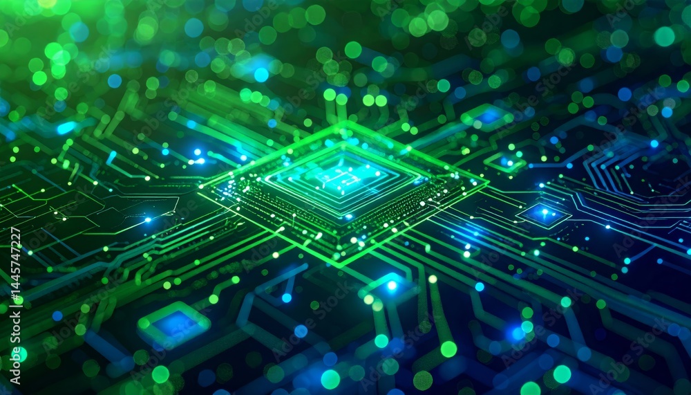 Glowing Green And Blue Circuit Board Technology Background Glowing Green And Blue Circuit Board Technology Background