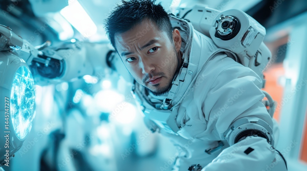 A focused astronaut navigates a futuristic spacecraft, showcasing the intricate technology and mission-driven atmosphere of space exploration and human ingenuity.