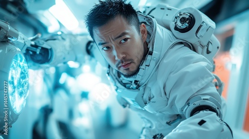 Obraz na płótnie A focused astronaut navigates a futuristic spacecraft, showcasing the intricate technology and mission-driven atmosphere of space exploration and human ingenuity. w salonie
