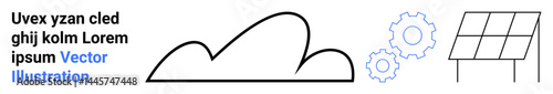 Outline of a cloud next to two gears and a solar panel sketch. Ideal for sustainability, technology, renewable energy, green innovation, eco-friendly concepts, clean technology, simple landing page