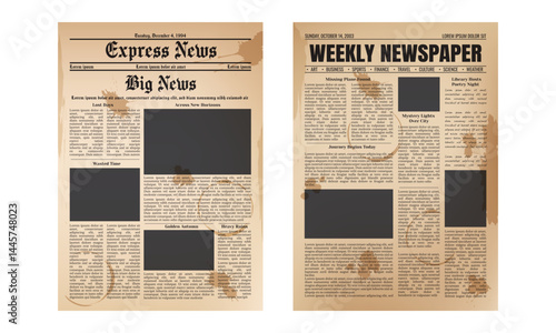 Vector vintage newspaper mockup with coffee cup stains, spots and splashes isolated on transparent background. Old newspaper pages template.