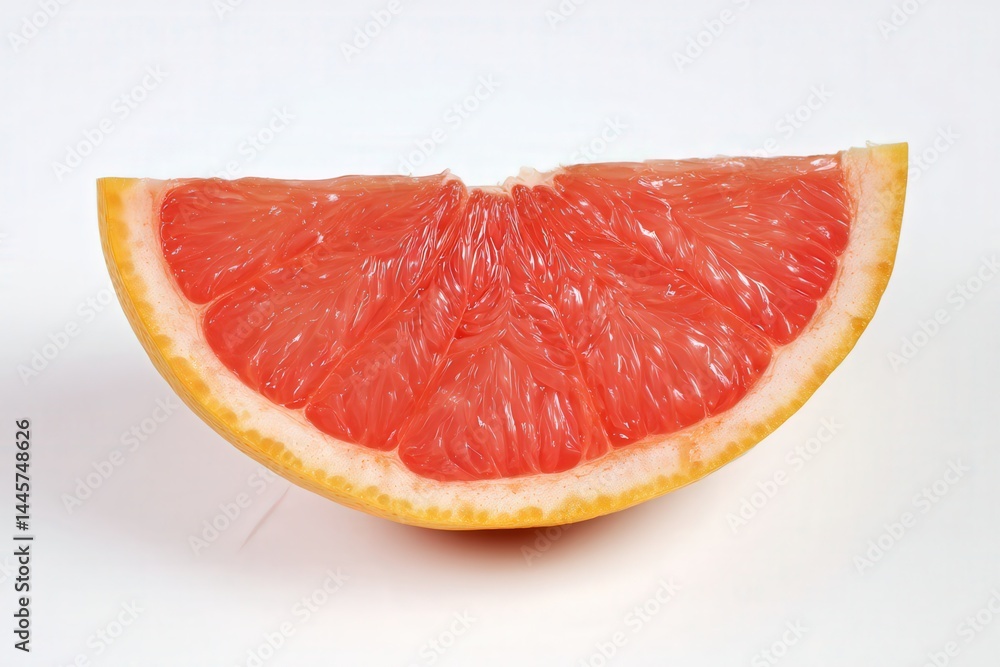 Juicy grapefruit wedge on white background, fresh pink citrus segment
Juicy grapefruit wedge on white background, fresh pink citrus segment
