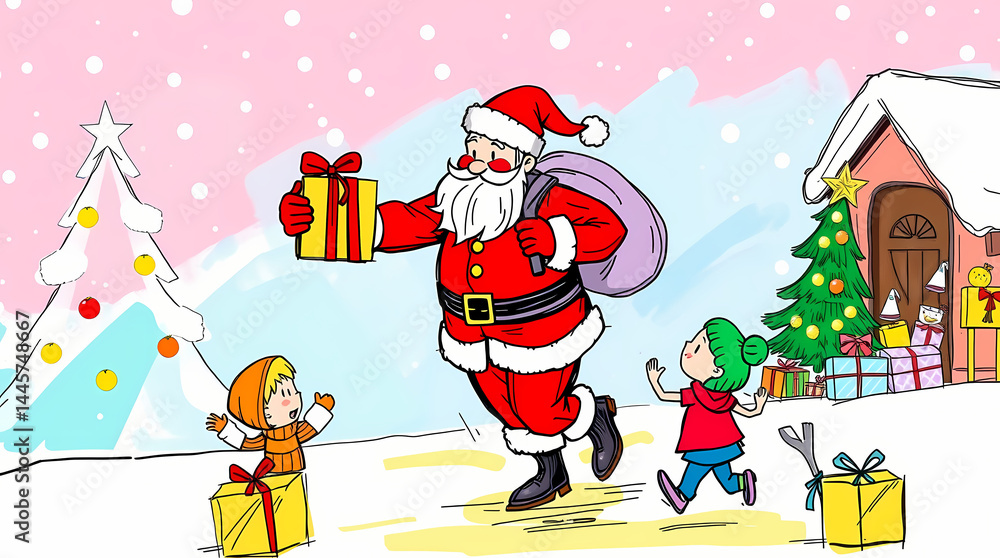 Obraz premium Joyful Santa and Children Celebrating Christmas with Gifts: Festive Winter Illustration Scene