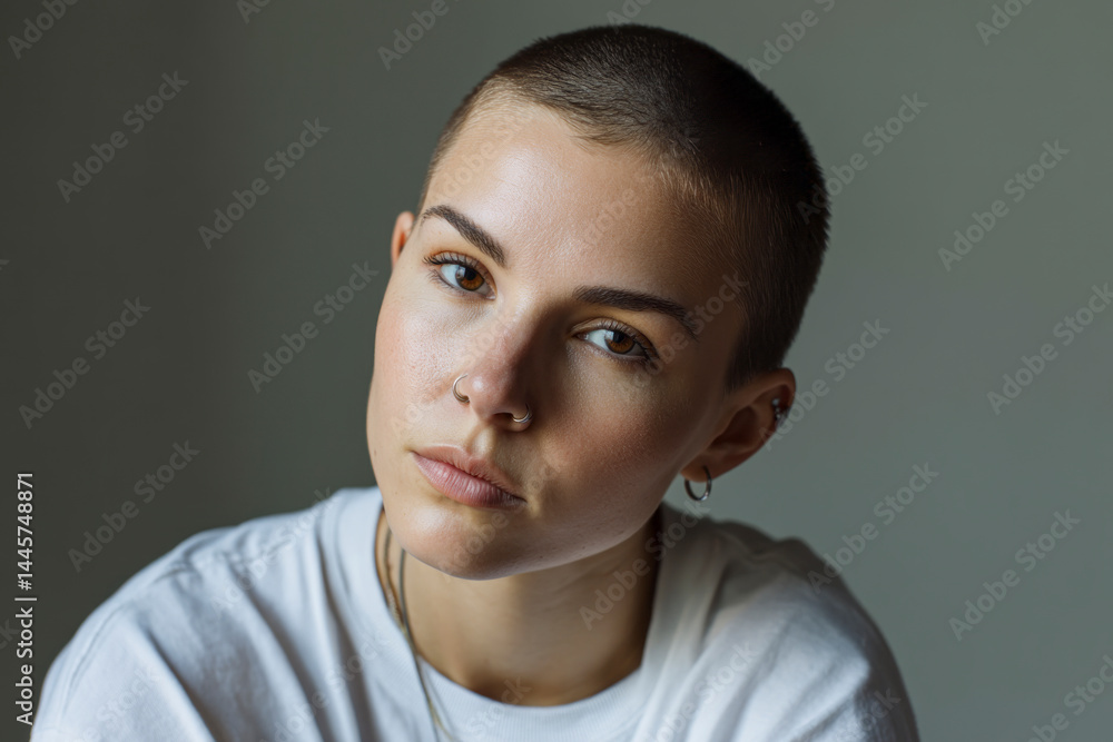 Striking Androgynous Woman in White Top with Daring Look Striking Androgynous Woman in White Top with Daring Look
