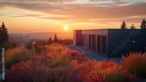 Breathtaking autumn sunset view of a contemporary modern mountain home nestled in a vibrant colorful forested landscape with majestic peaks in the distance  Serene and peaceful atmosphere with a warm