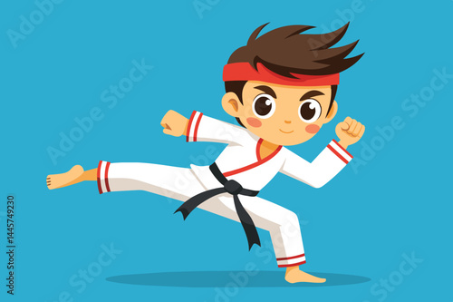 A young martial artist performs an impressive kick, showcasing their karate skills while wearing a traditional white gi and a black belt. The bright blue background highlights their action.