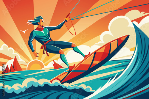 A kitesurfer skillfully navigates the choppy waters, balancing on a colorful board against the backdrop of a stunning sunset and vibrant sky.