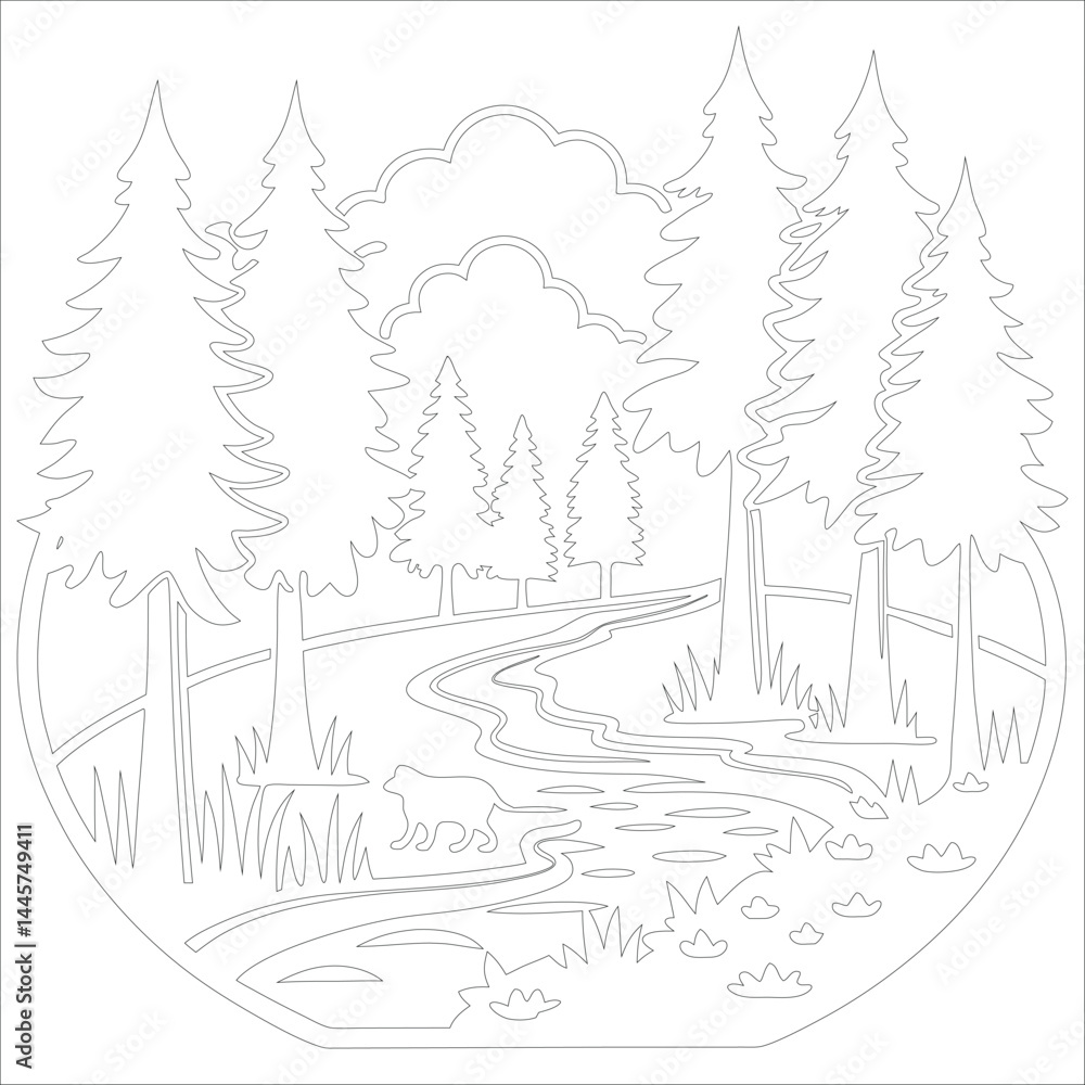 Obraz premium Hand-drawn vector landscape for coloring book layered illustration design